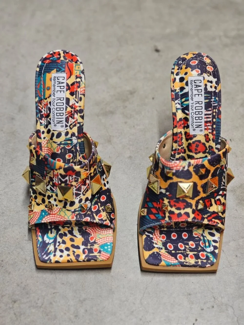 Cape Robbin Gold Studded Multicolor Printed High Heel Mules With Open Toe Womens - Picture 9 of 14